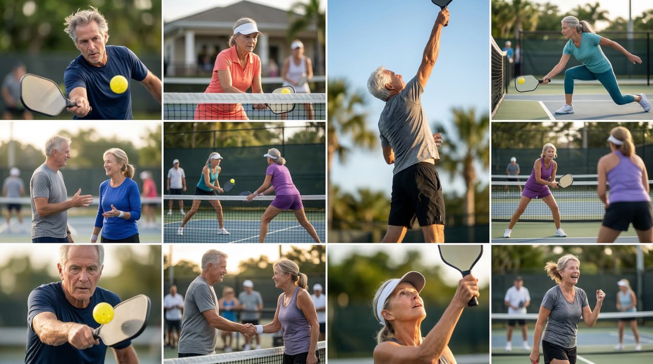 Active pickleball lifestyle collage showing community and gameplay