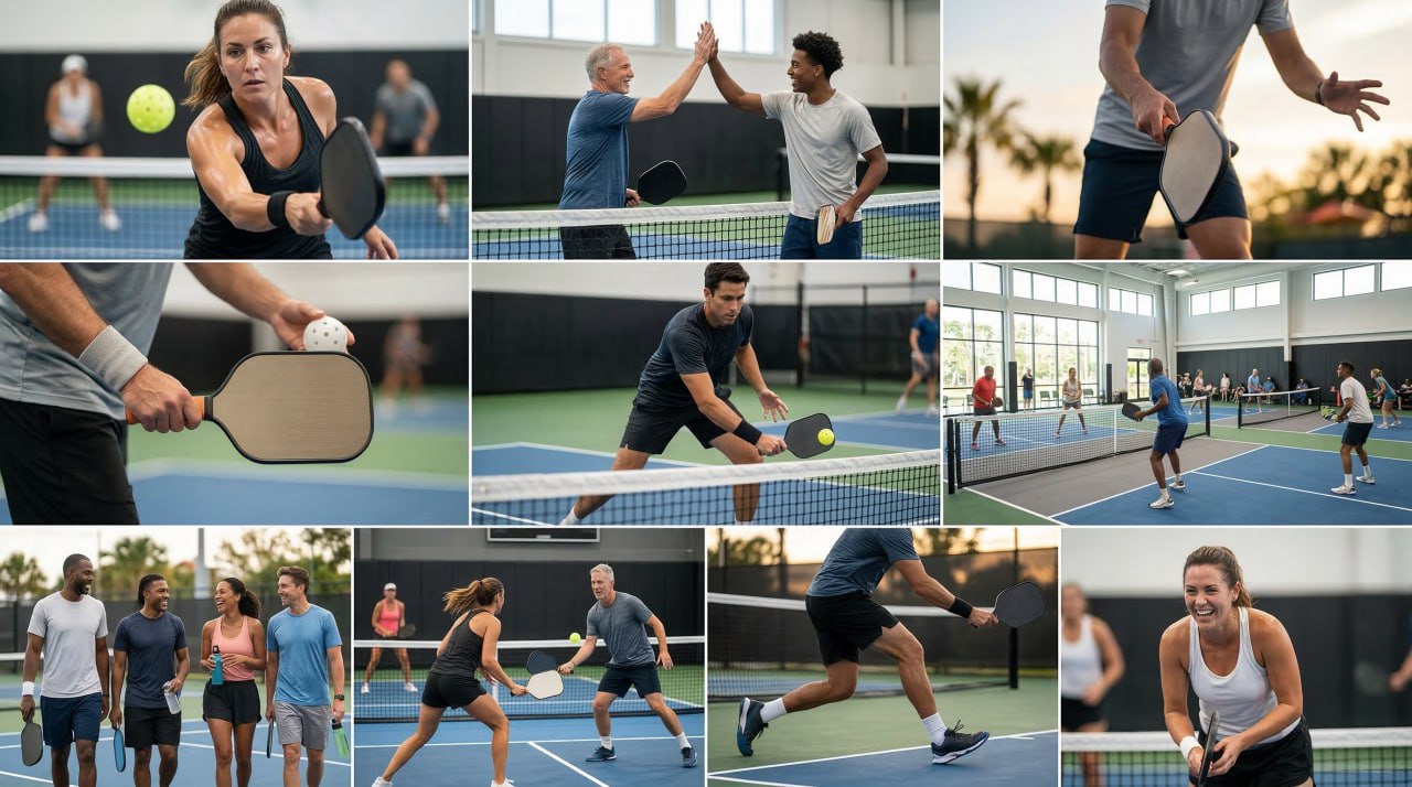 Pickleball players in dynamic match and social moments