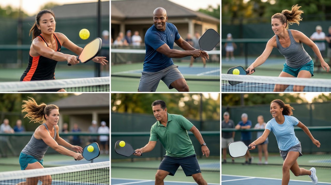 Diverse pickleball players in action across courts